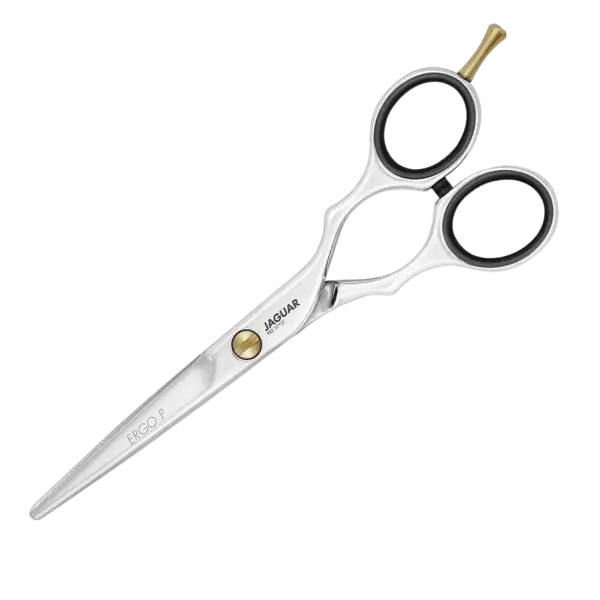 Silberne Haarschneideschere mit schwarzen Fingerringen und ergonomischem Design