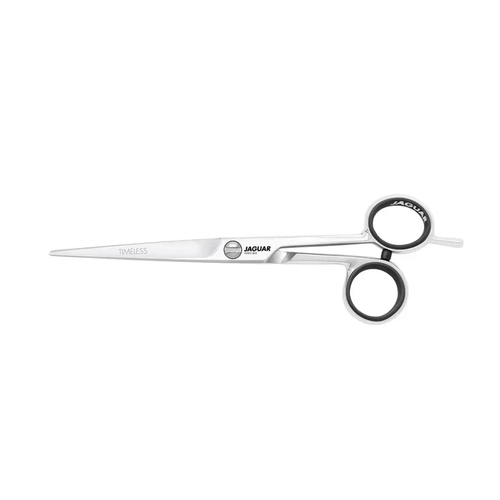 Silberne Haarschneideschere mit schwarzen Fingerringen für Jaguar White Line Timeless 6.0
