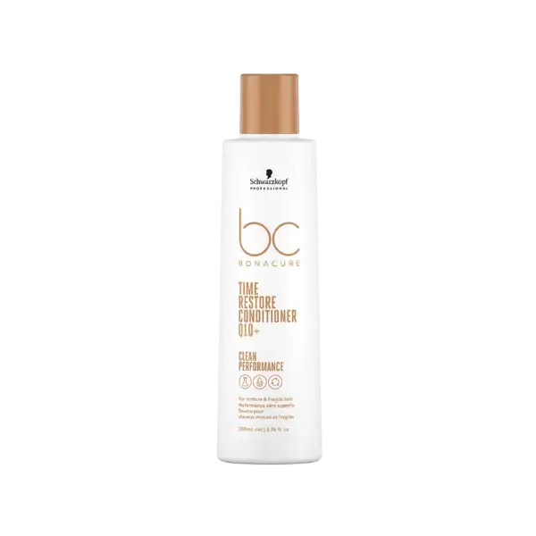 Weiße Flasche Schwarzkopf BC Bonacure Time Restore Clay Conditioner Produktaufnahme
