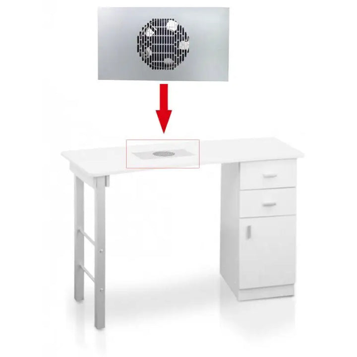 Weißer Schreibtisch mit Staubabsaugung silber und Ventilator für saubere Luft