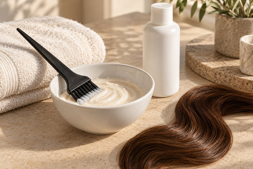 Pflegecreme, Pinsel, Handtuch und eine braune Haarsträhne auf einer hellen Ablage