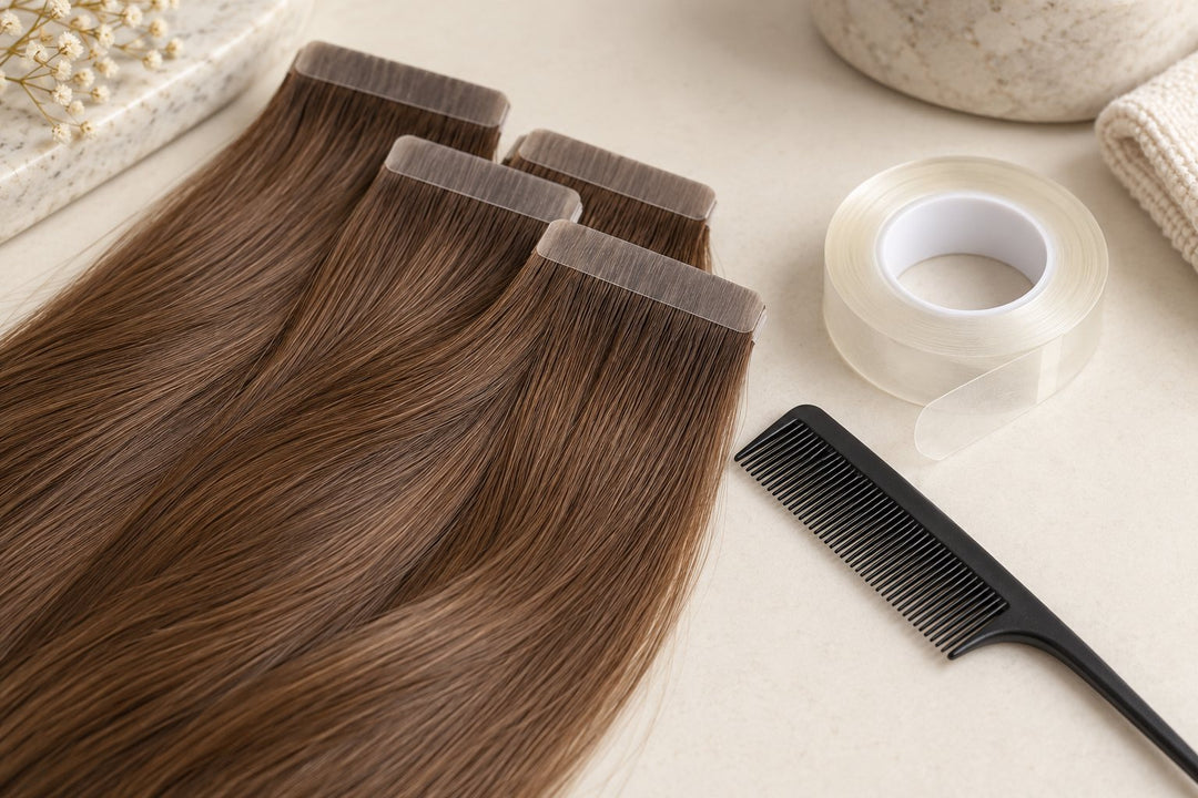 Braune Tape-in-Haarsträhnen, transparentes Klebeband und schwarzer Kamm