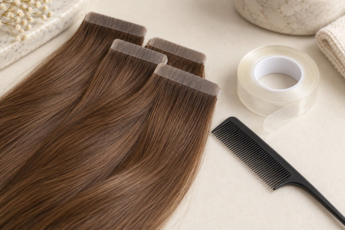Braune Tape-in-Haarsträhnen, transparentes Klebeband und schwarzer Kamm