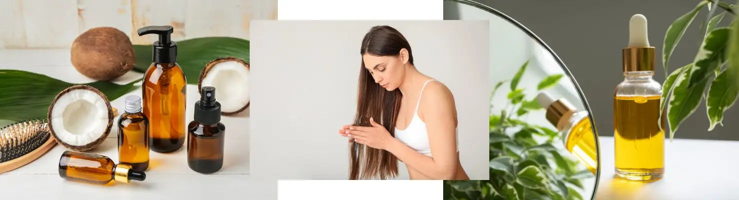 Haaröl Pflegeprodukte und Frau, die Öl in ihr Haar massiert, Haaröl Sammlung