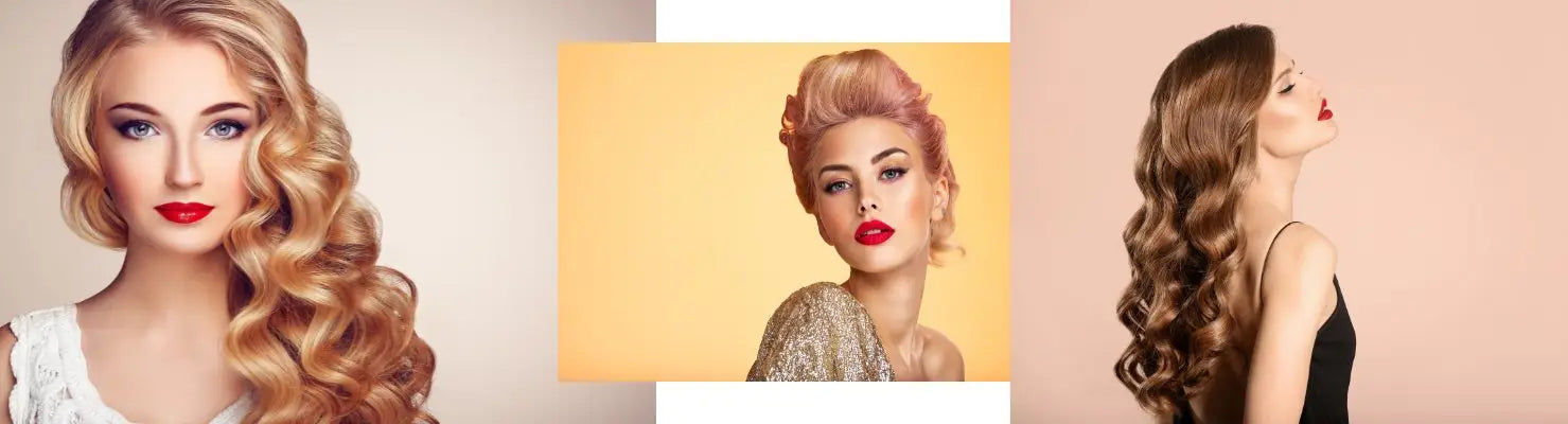 Drei Frauen mit gestyltem Haar und rotem Lippenstift in der Redken alle Produkte Sammlung
