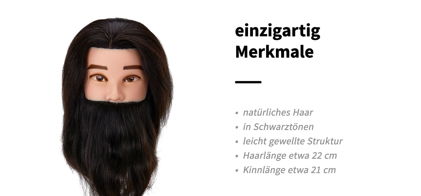 Friseurübungs- und Bartkopf von Gabbiano WZ4 mit Naturhaar Farbe 1# Länge 8’’ + 6’’