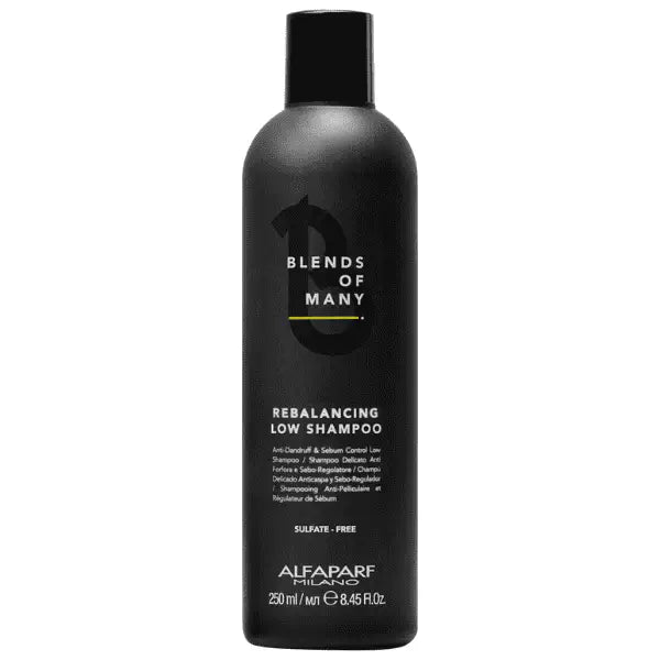 Schwarze Flasche Rebalancing Low Shampoo von Alfaparf Milano vor weißem Hintergrund