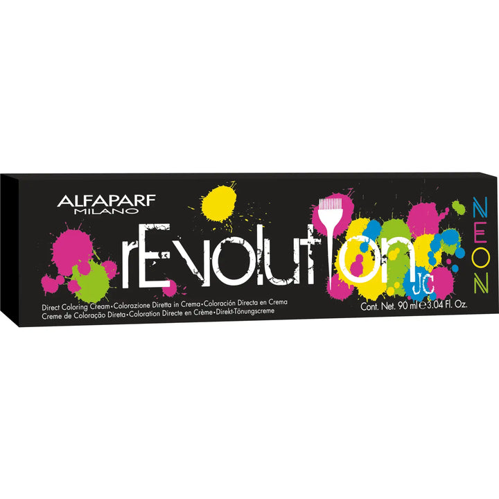 Alfaparf Milano Revolution JC Neon Haarfarbe Verpackung mit leuchtendem Neon-Haarfärbe-Box