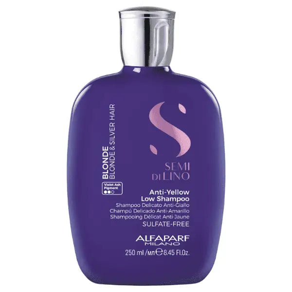 Lila Flasche des Alfaparf Milano Semi di Lino Blonde Shampoo gegen Gelbstich