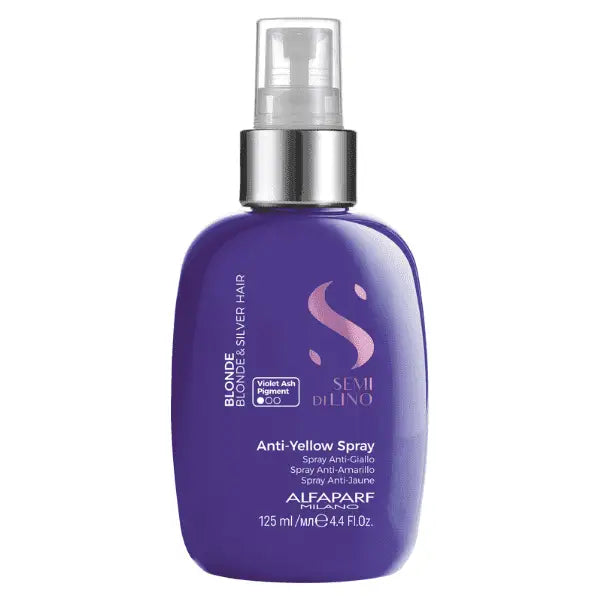 Lila Flasche Alfaparf Milano Semi di Lino Blonde Spray gegen Gelbton für blondes und silbernes Haar