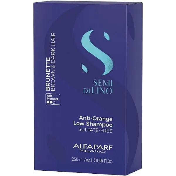 Box mit Alfaparf Milano Semi di Lino Brunette Shampoo für braunes Haar gegen Orangestiche