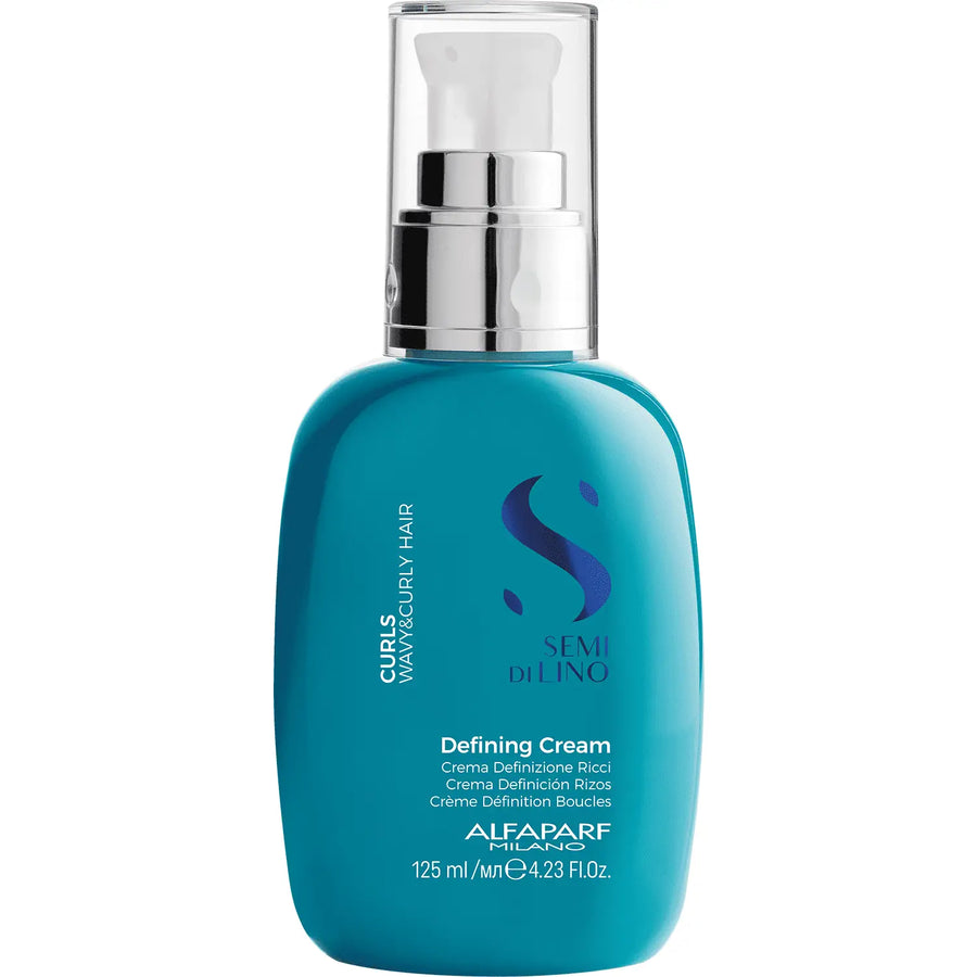 Blaue Flasche der Alfaparf Milano Semi di Lino Curls Defining Cream für lockiges Haar