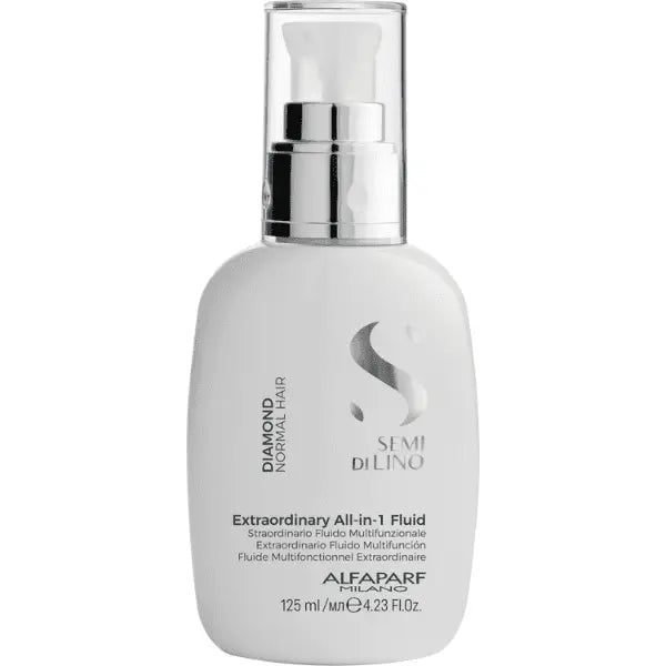 Weiße Flasche mit Pumpdispenser für Alfaparf Milano Semi di Lino Diamond All-In 1 Fluid