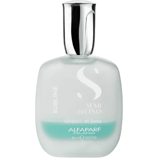 Haarserum Flasche mit silberner Kappe von Alfaparf Milano Semi di Lino Sublime Cristalli di Seta