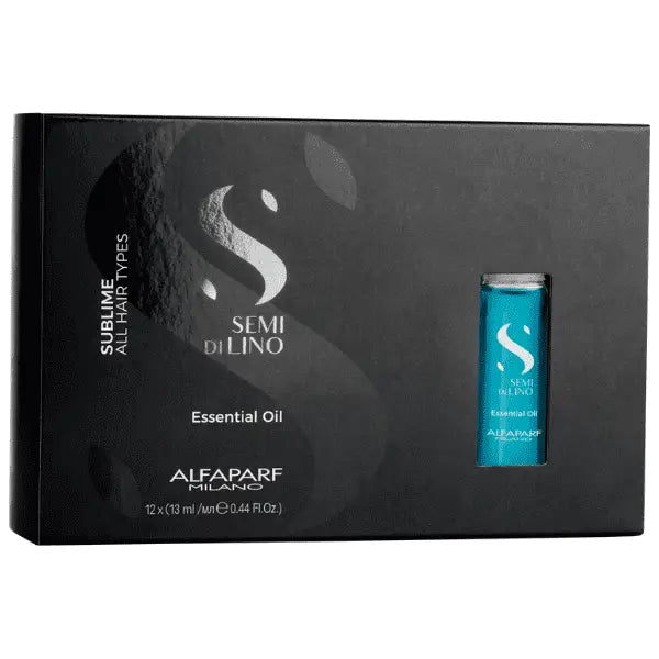 Schwarze Verpackung mit Haar-Ölvials für Alfaparf Milano Semi di Lino Sublime