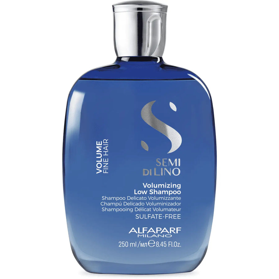 Blaue Flasche des Alfaparf Milano Semi Di Lino Volumizing Low Shampoos