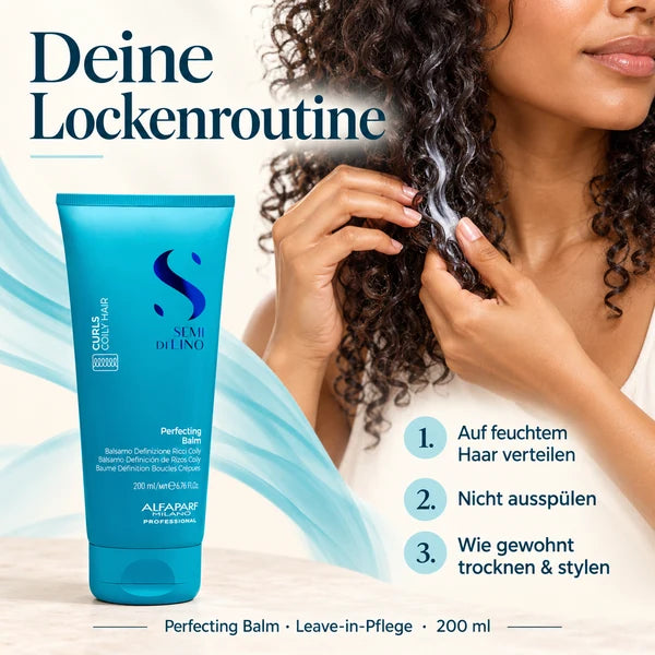 Anwendung des Alfaparf Perfecting Balm: im feuchten Haar verteilen, nicht ausspülen, anschließend trocknen und stylen