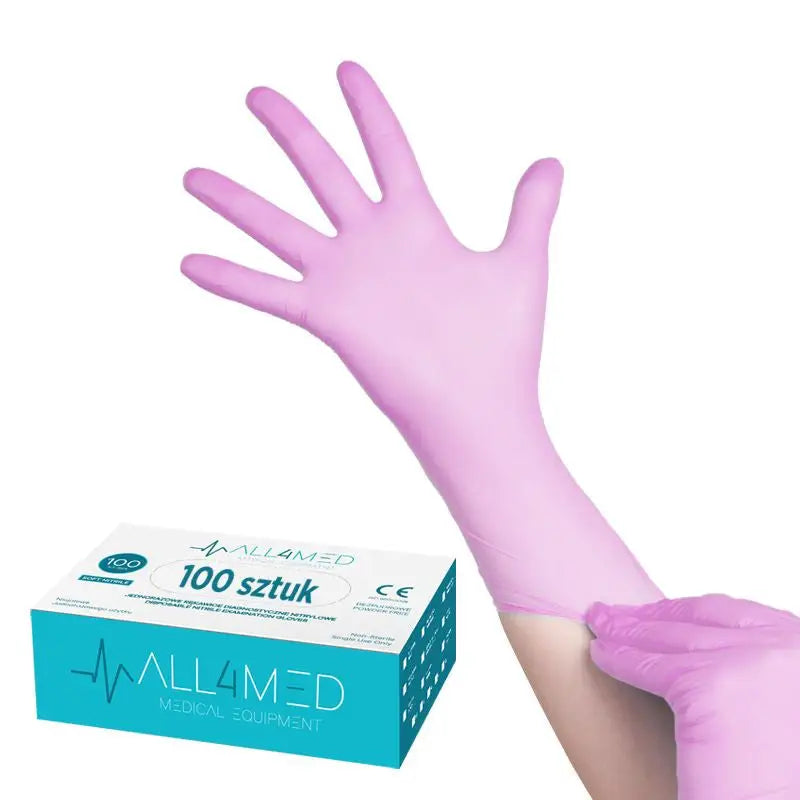 Rosa Einwegdiagnostikhandschuhe aus Nitril von All4med in einer Box