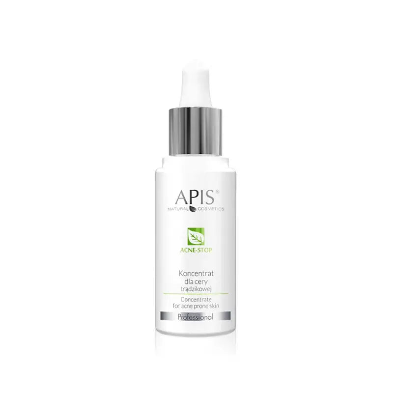 Weiße Flasche des Apis Akne-Stop Konzentrats mit Tropfer für Akne-Haut, 30 ml