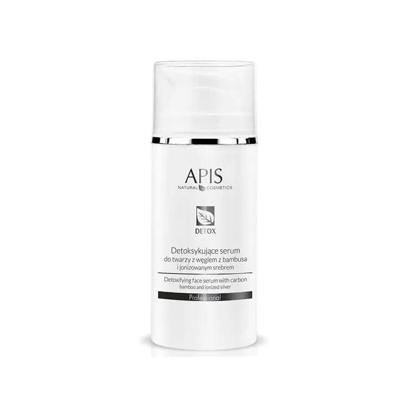 Weiße Flasche des Apis entgiftenden Gesichtsserums mit Bambuskohle und Silber