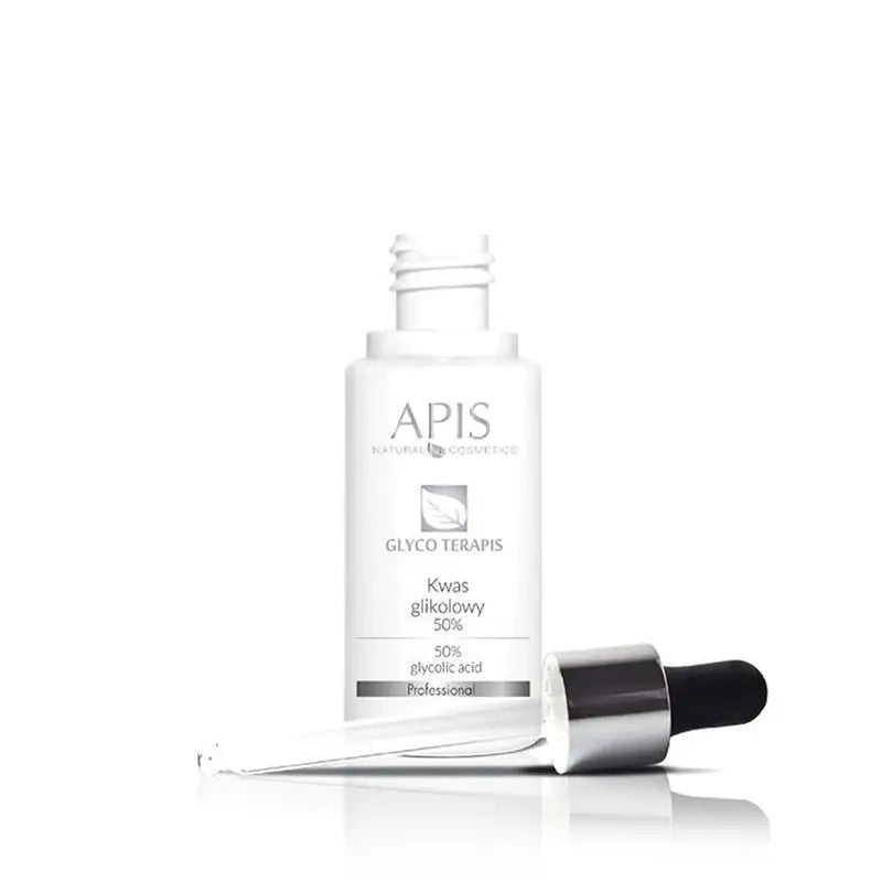 Weiße Flasche mit Glycolsäure 50% und Tropfer für Apis-Glykolsäure 50% 30 ml