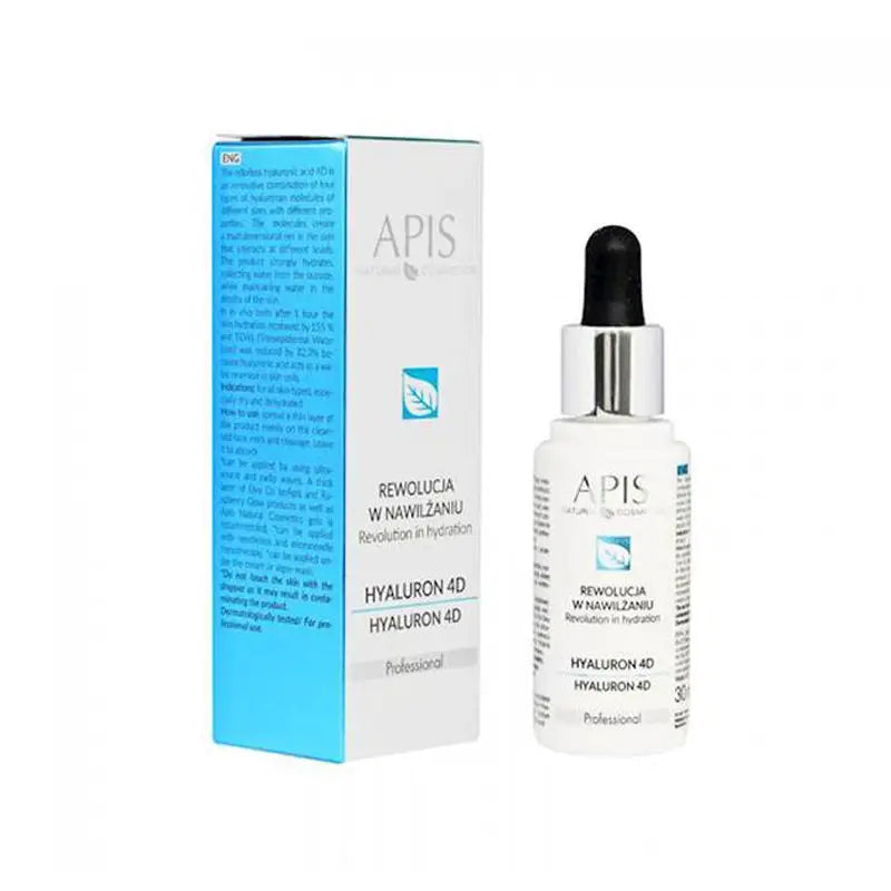 Hyaluronsäure Serum Apis Hyaluron 4D mit Verpackung auf weißem Hintergrund