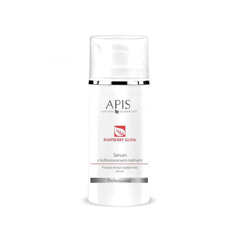 Weiße Flasche des Raspberry Glow Serums in 100ml Apis-Serum mit gefriergetrockneten Himbeeren