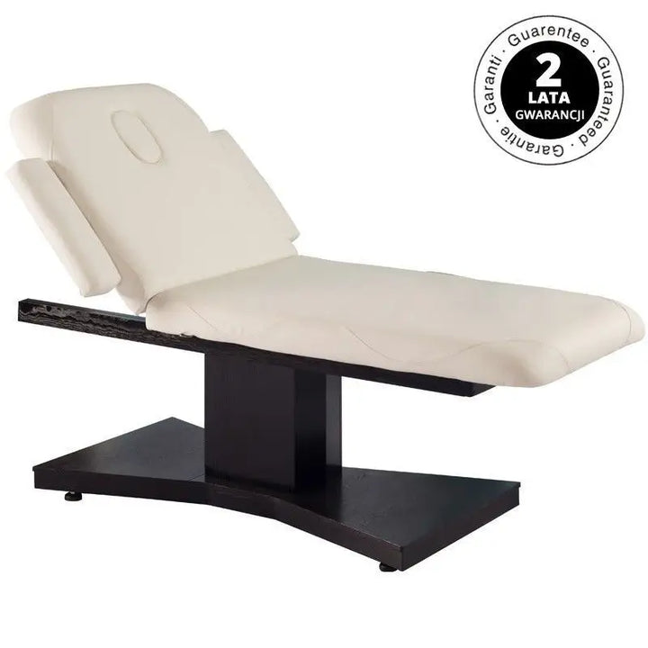 Cremfarbige Massage-Liege mit dunkelbraunem Wenge/Latte Basis für Spa-Kosmetik