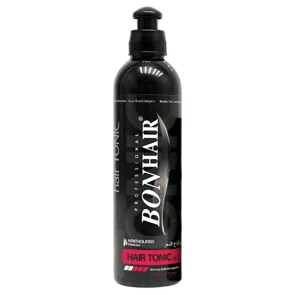 Schwarze Flasche Bonhair Haar Tonic auf weißem Hintergrund