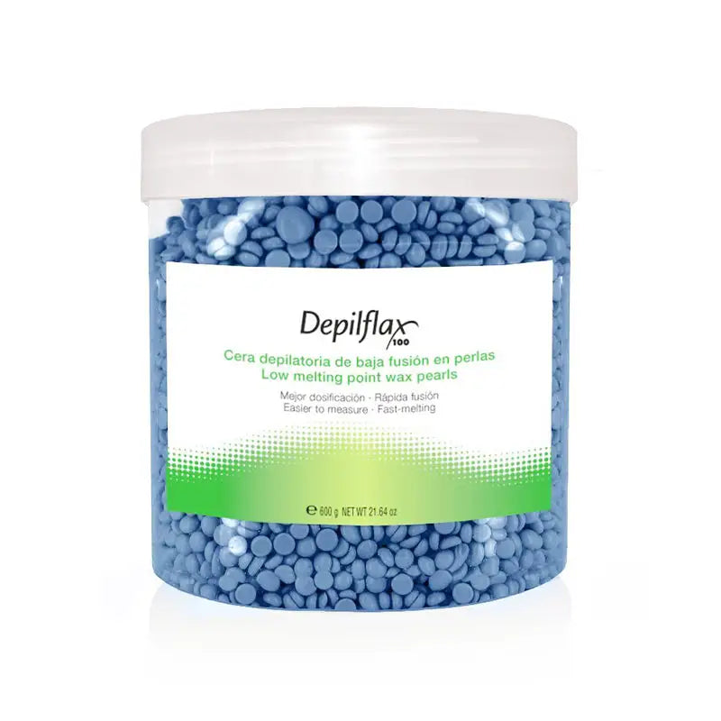 Container mit blauen Wachskugeln für Haarentfernung Depiflax Hartwachs 600g Blau
