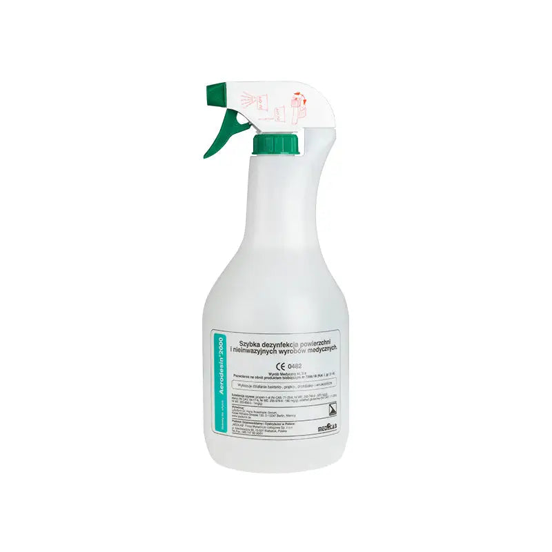 Weiße Sprühflasche mit grünen Akzenten für Desinfektionsflüssigkeit Aerodesin 2000 1L