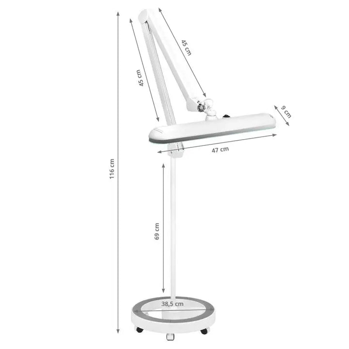 Weiße verstellbare Stehlampe mit Maßen für Elegante Lupenleuchte LED 801-s mit Stativ