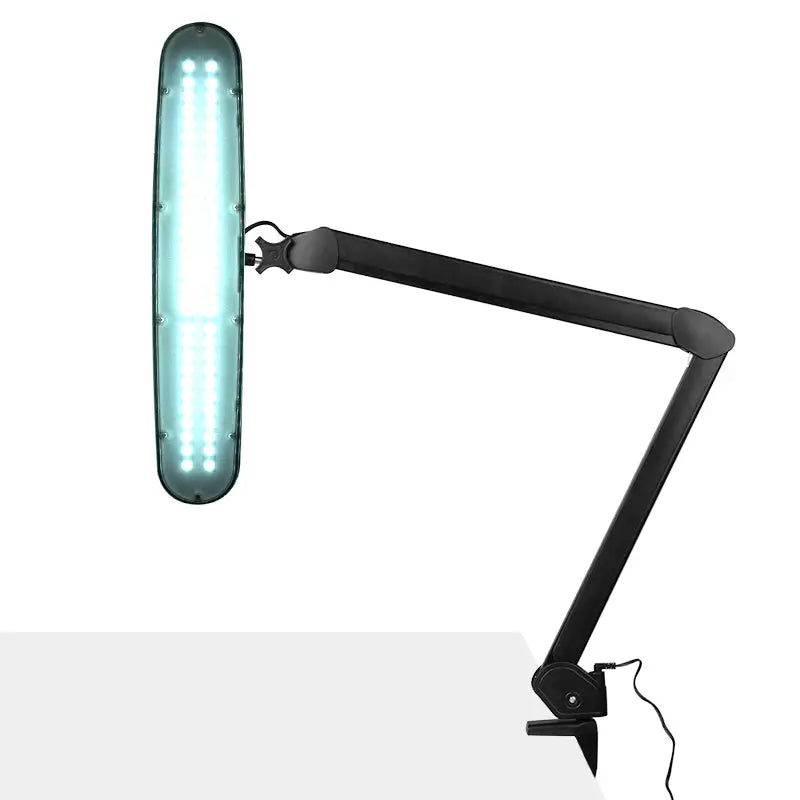 Schwarze schwenkbare LED Werkstattlampe mit Lupenfunktion und Schraubstock immer dabei