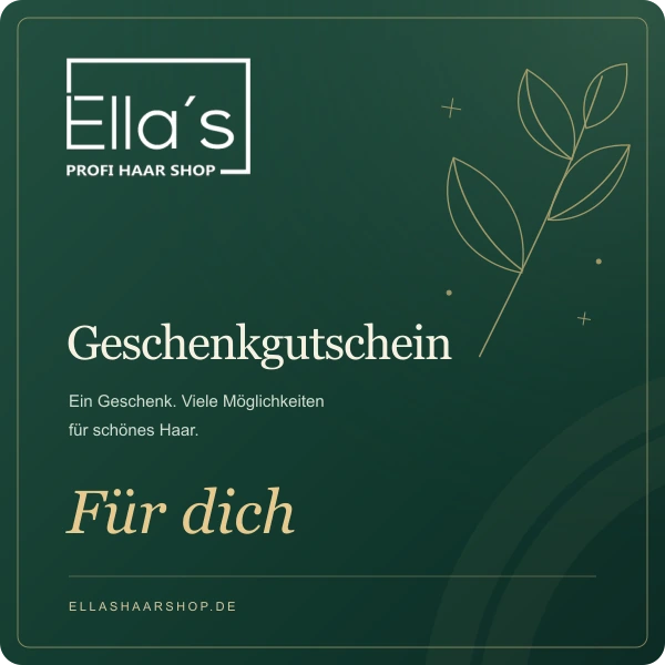 Ella’s Geschenkgutschein mit Original-Logo auf dunkelgrünem Hintergrund und goldenen Blättern