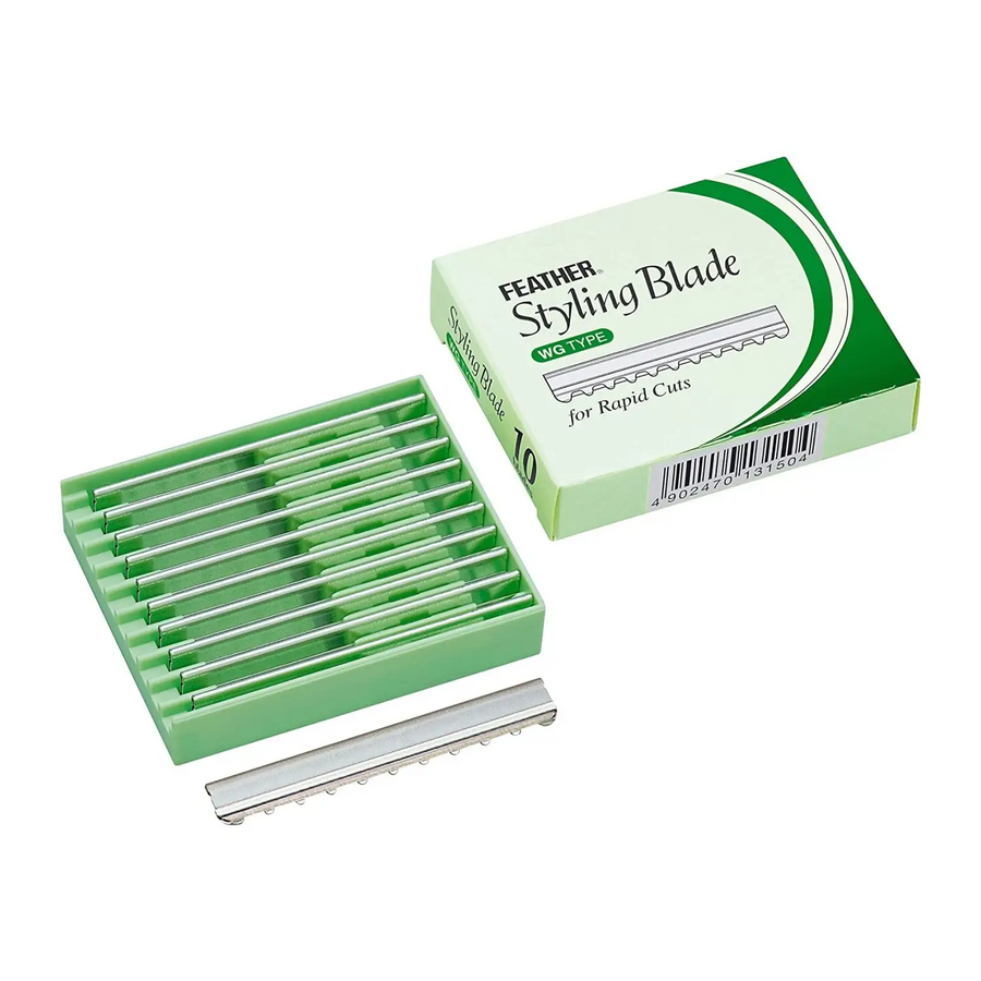 Feather Styling Blade WG mit Federn in grünem Behälter und Box