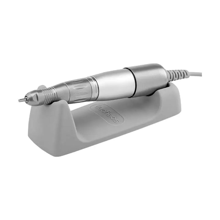 Silberner elektrischer Nagelfräser auf grauem Stand für Fräser Marathon K38 Crafien Mini Weiss