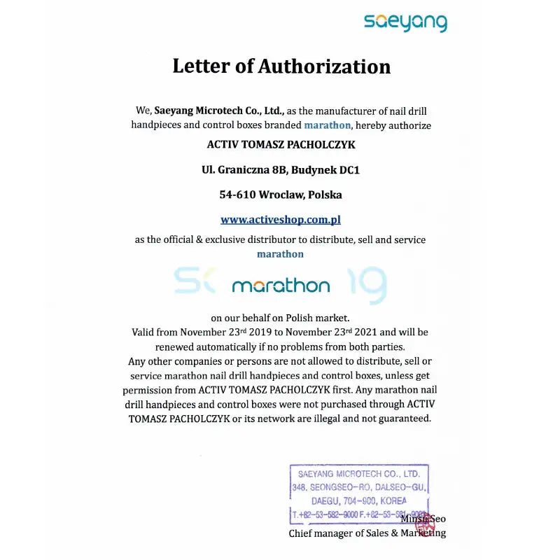 Letter of authorization für Fräser Marathon Mighty Nagelbohrer Produkte