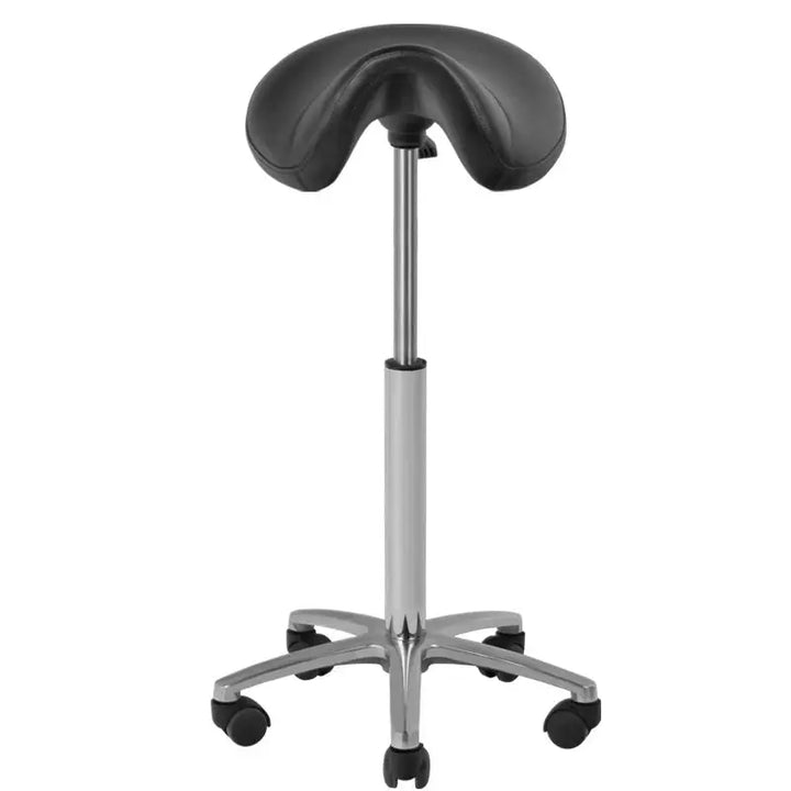 Schwarzer Friseur- und Kosmetikhocker 001b mit rollendem Sattelsitz für Studio