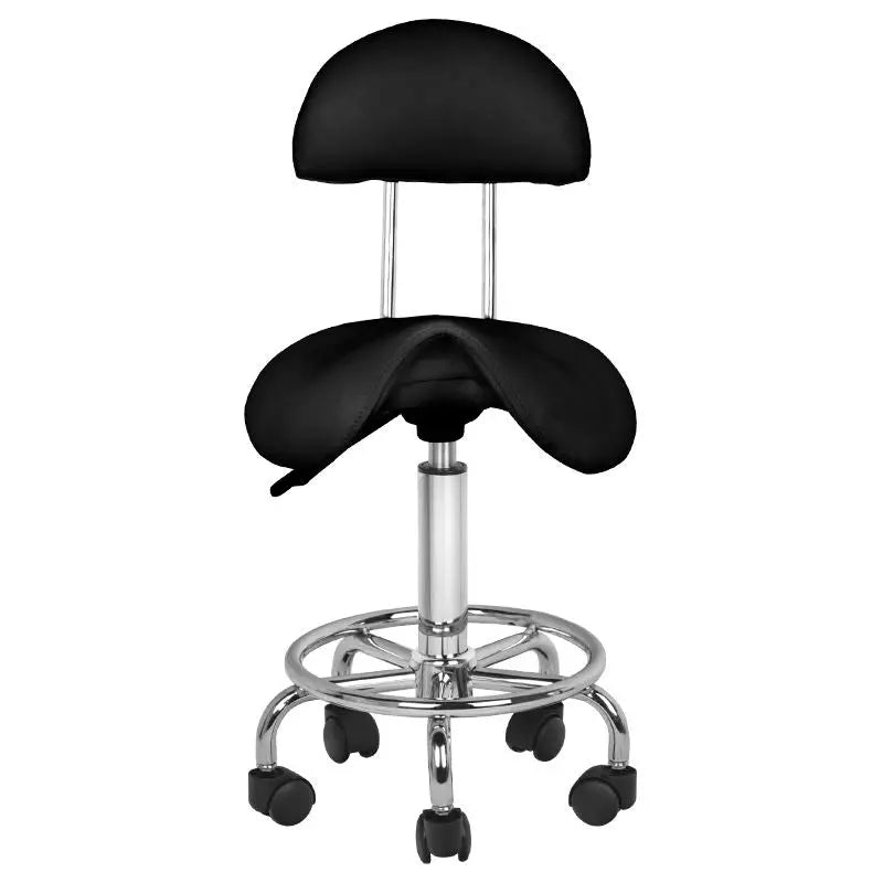 Schwarzer Sattelsessel mit Rückenlehne und Chrombasis vom Friseur- und Kosmetikhocker 6001 Schwarz