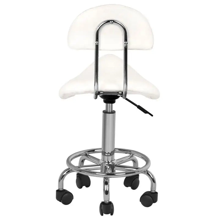 Weißer Friseur- und Kosmetikhocker mit Chrombasis und Sattelsitz