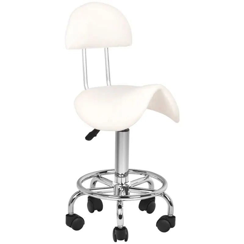 Weiße Sattelsitzhocker mit Rückenlehne und Chrombasis für Friseur und Kosmetik