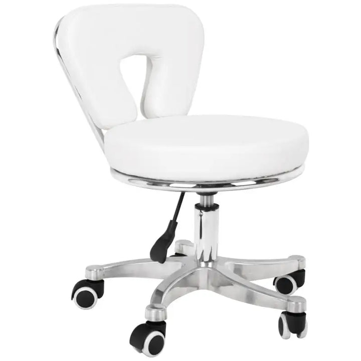 Weiße Friseur- und Kosmetikhocker 9266 mit Rückenlehne für Studioeinsätze