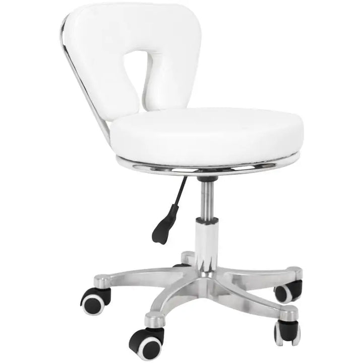 Weißer Friseur- und Kosmetikhocker 9266 mit Rückenlehne für professionelles Arbeiten