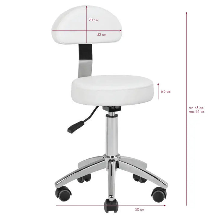 Weißer verstellbarer Friseur- und Kosmetikhocker AM-304 mit Rückenlehne