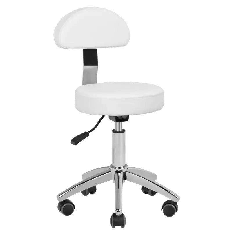 Weiße Friseur- und Kosmetikhocker Basic 304p mit Rollen und Rückenlehne