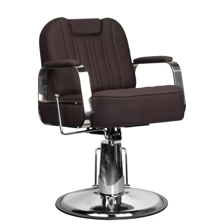 Brauner Barberstuhl Rufo mit Chromakzenten für professionellen Friseurbedarf