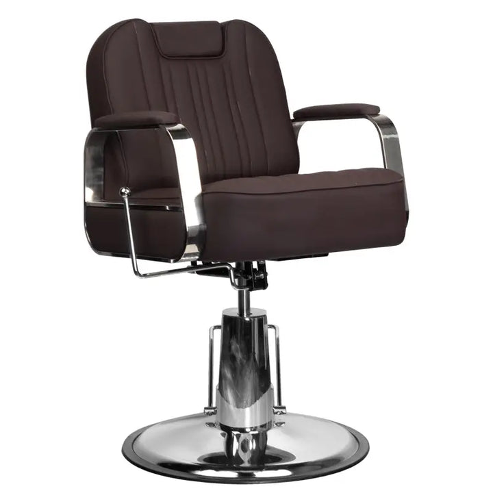 Brauner Friseurstuhl Gabbiano Rufo mit Chromakzenten für stilvolle Barbershops