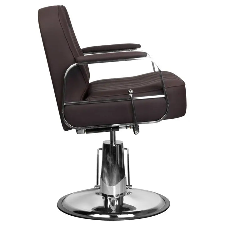 Brauner Friseurstuhl Gabbiano Barberstuhl Rufo mit Chromakzenten