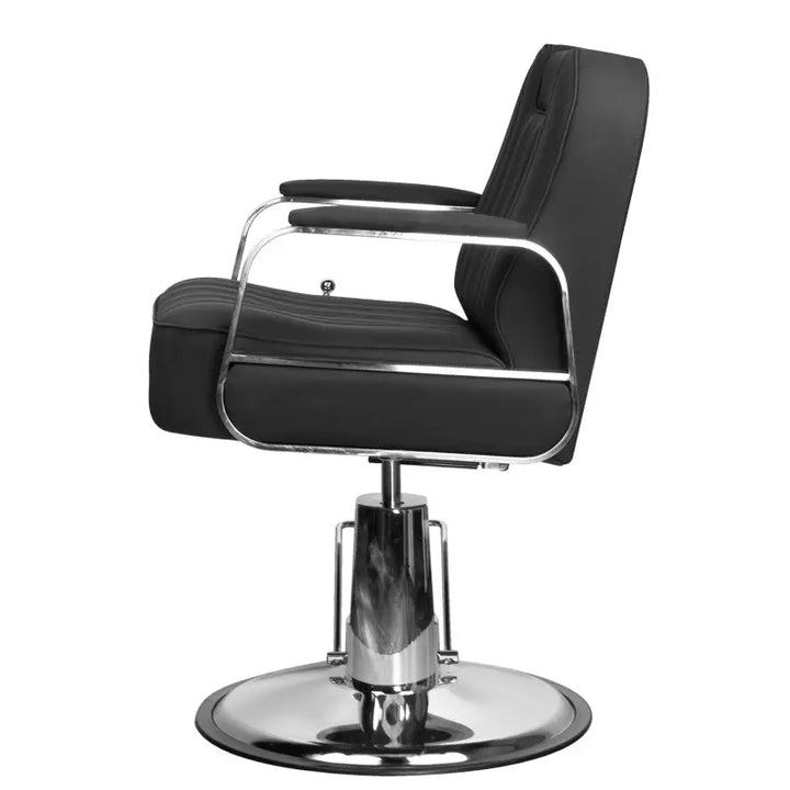 Schwarzer Barberstuhl Gabbiano Rufo mit Chromakzenten für Friseursalons
