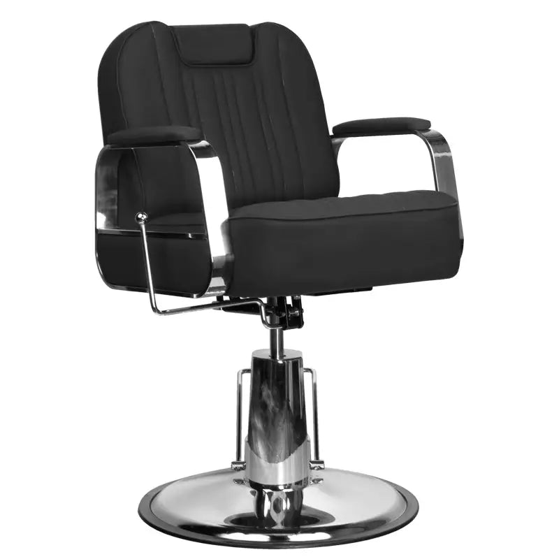 Schwarzer Barberstuhl Gabbiano Rufo mit Chromakzenten für den Friseurbereich